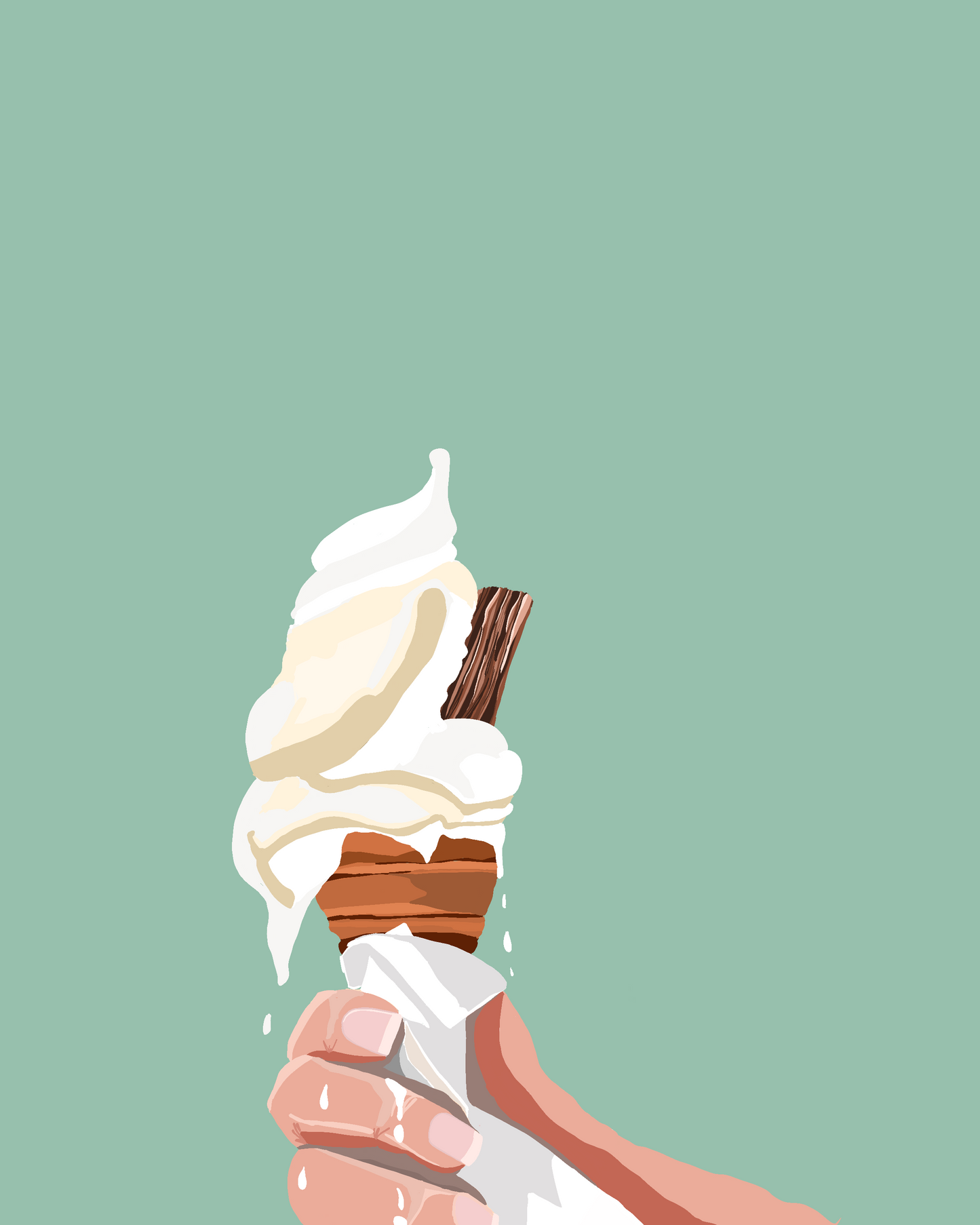 Illustration of a 99 Ice cream cone held by a hand with the ice cream melting set with a mint green background.